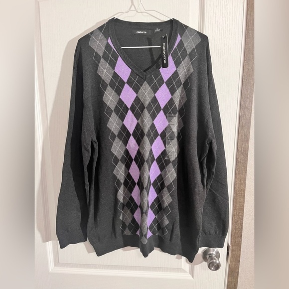 Claiborne Other - Claiborne Mens XL 90s Y2K Purple Gray Argyle V-Neck Sweater